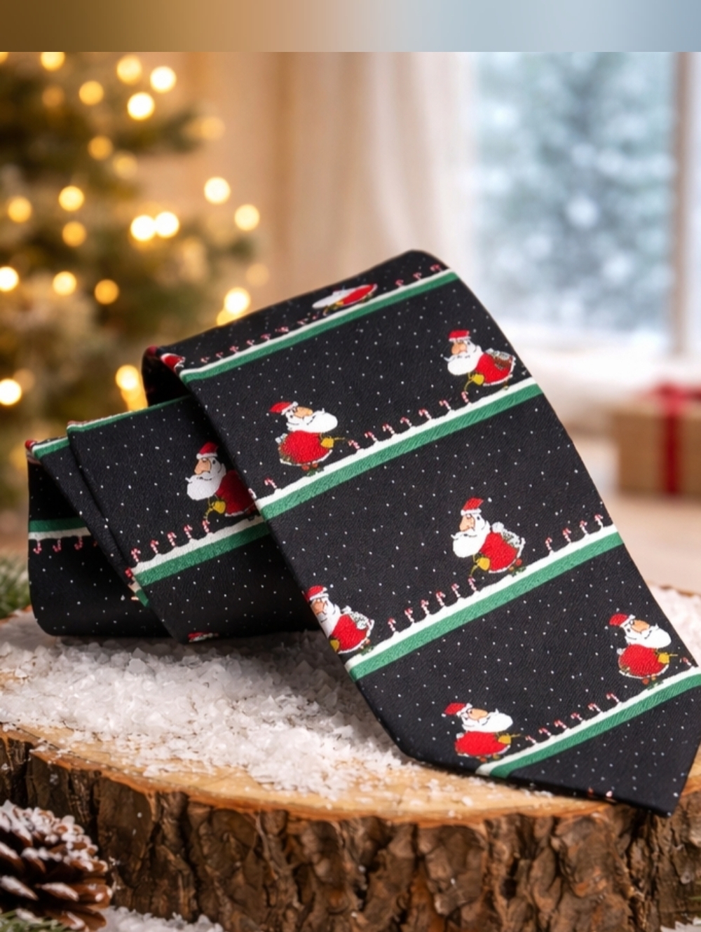 Santa Garden Santa Picking Candy Canes Pattern Holiday Black Tie